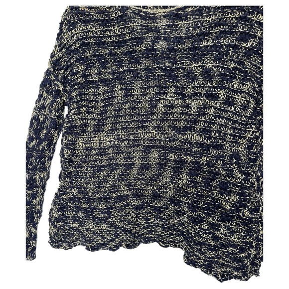 Free People Sweater Womens S High Low Open Knit V Neck Linen Cotton Blue Cream - Picture 14 of 15